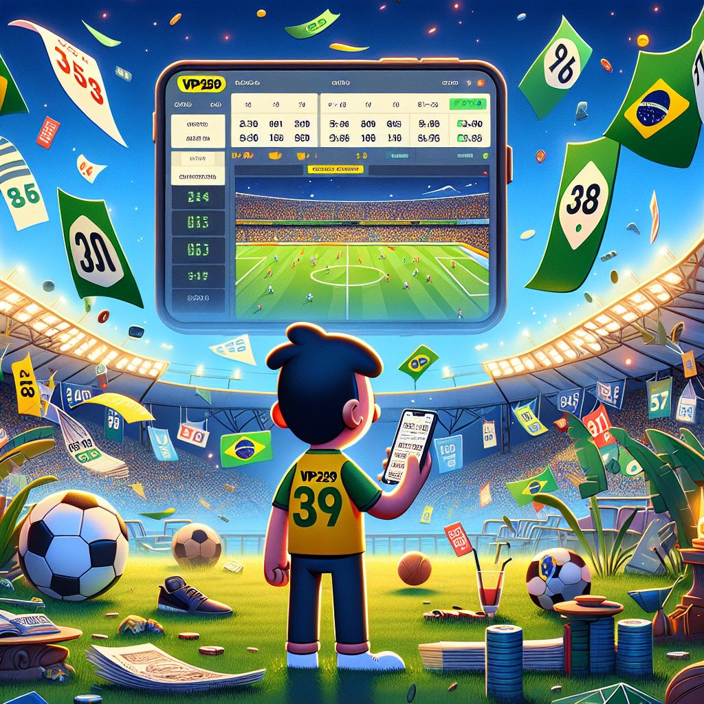 Apostador em desenho animado com tema VP259 assistindo a uma partida de futebol com um placar de odds ao vivo e um cupom de apostas no celular