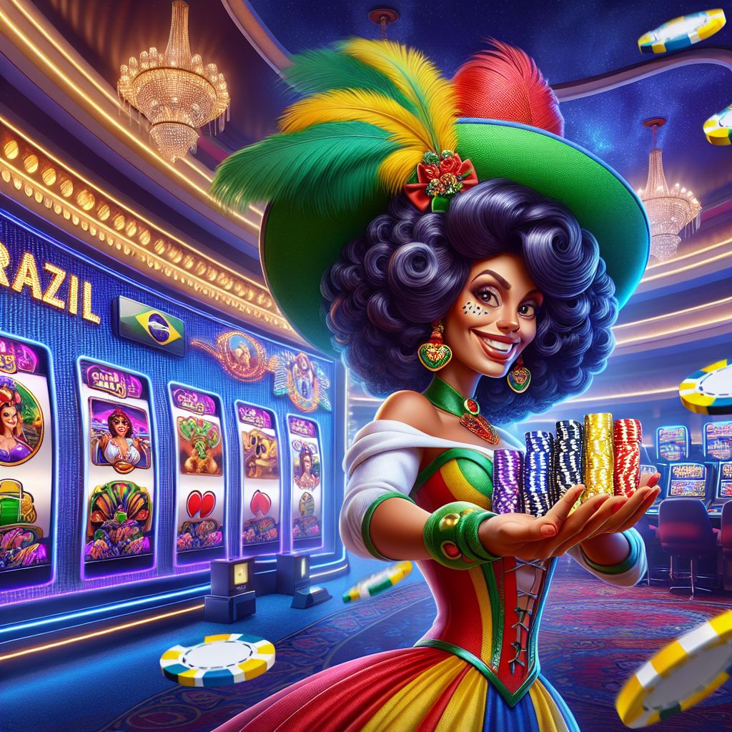VP259 Casino cartoon character with chips and slot icons in a Brazil-themed palette