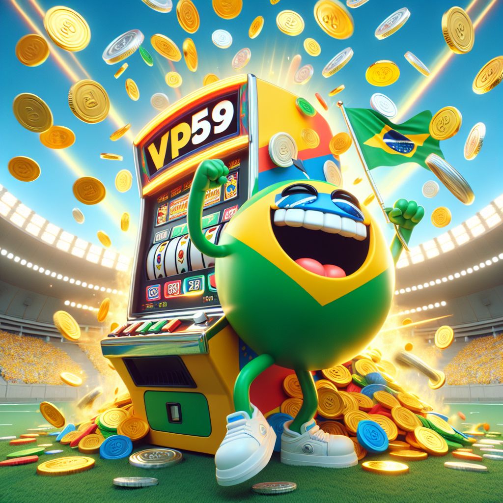 VP259 themed cartoon character celebrating a slot win with coins and reels