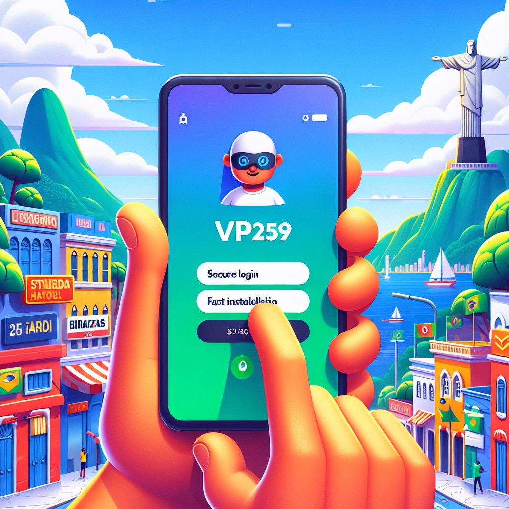 VP259 app cartoon character holding a smartphone with a secure login screen and Brazil-themed colors